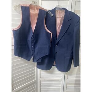 70s H.I.S. 2 Piece Suit Pieces Twill Blue Blazer & Reversible Plaid Vest USA